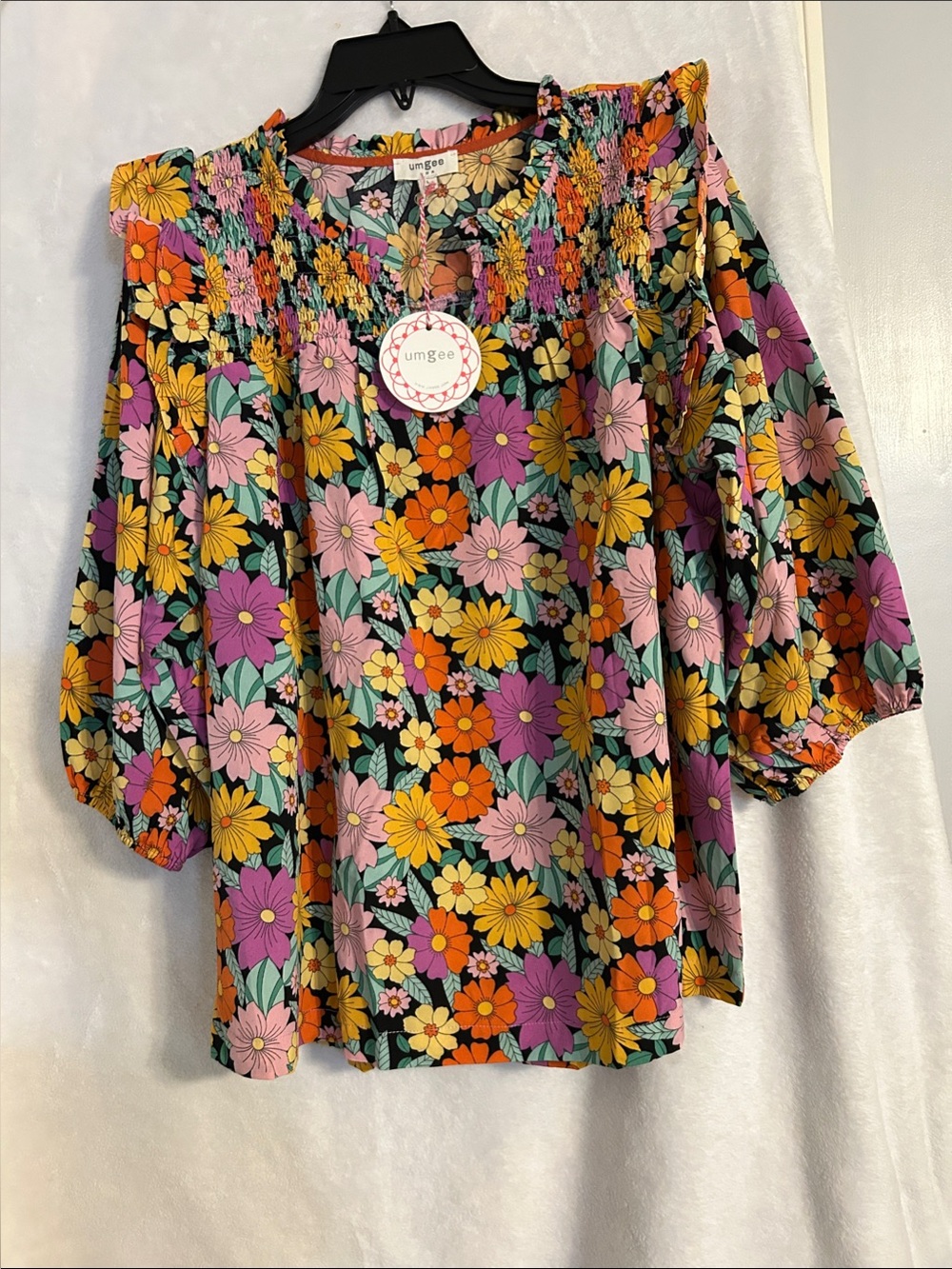 Umgee Floral Smocked Yoke Puff Sleeve Blouse Yellow, Pink, Orange, Green Lg NWT